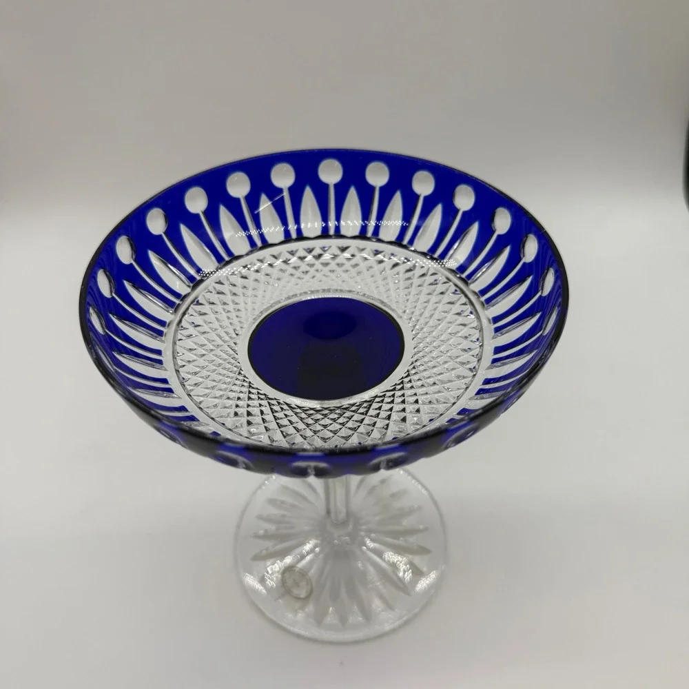 Galbiati Hungary Hand Cut Cobalt Blue Cased Crystal Pedestal Compote Bowl 24% Pb
